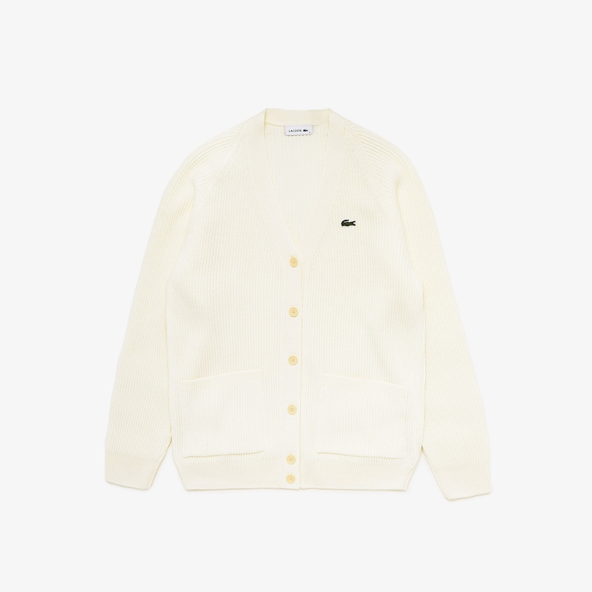 Suéteres Branco Feminino Lacoste Ribbed Wool Blend V-neck Cardigan VT9-17151Z5