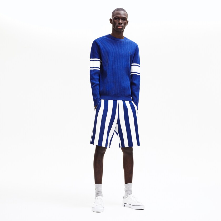 Suéteres Azul Marinho Azuis Branco Masculino Lacoste Striped Sleeves Cotton And Linen Blend Crew Neck DS5-62506S6