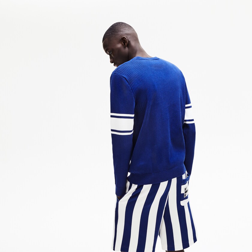 Suéteres Azul Marinho Azuis Branco Masculino Lacoste Striped Sleeves Cotton And Linen Blend Crew Neck DS5-62506S6