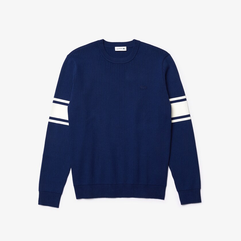 Suéteres Azul Marinho Azuis Branco Masculino Lacoste Striped Sleeves Cotton And Linen Blend Crew Neck DS5-62506S6