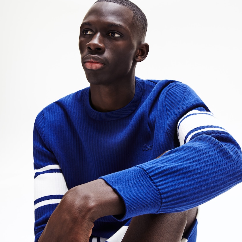 Suéteres Azul Marinho Azuis Branco Masculino Lacoste Striped Sleeves Cotton And Linen Blend Crew Neck DS5-62506S6