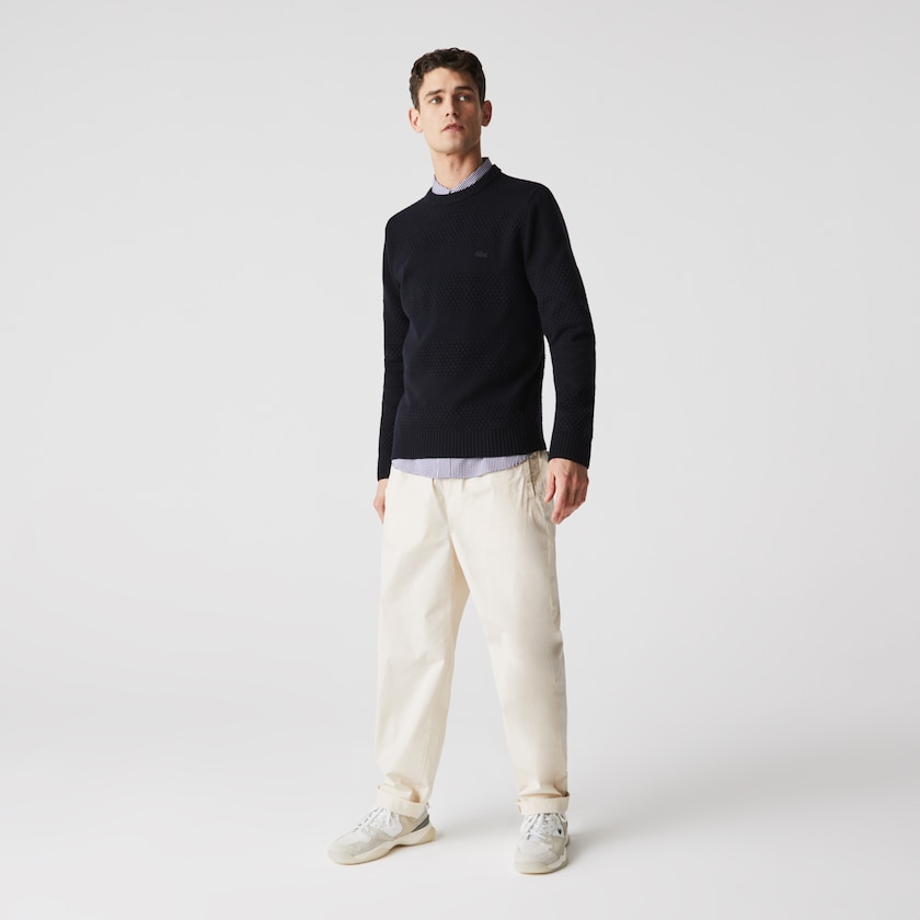 Suéteres Azul Marinho Azuis Masculino Lacoste Textured Striped Wool-Blend DJ7-10701Q3
