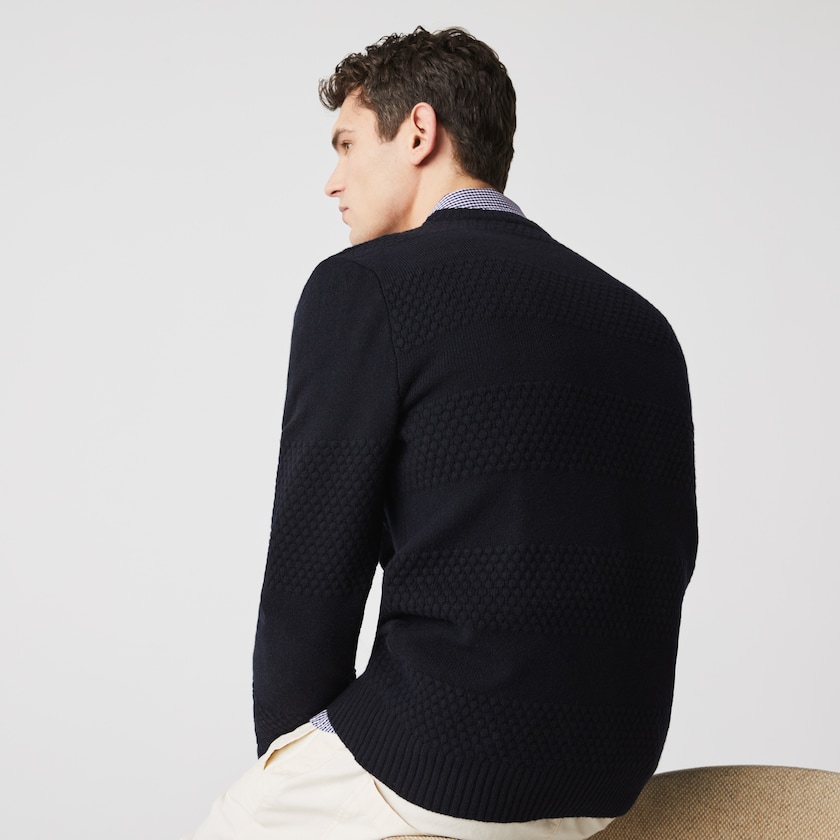 Suéteres Azul Marinho Azuis Masculino Lacoste Textured Striped Wool-Blend DJ7-10701Q3