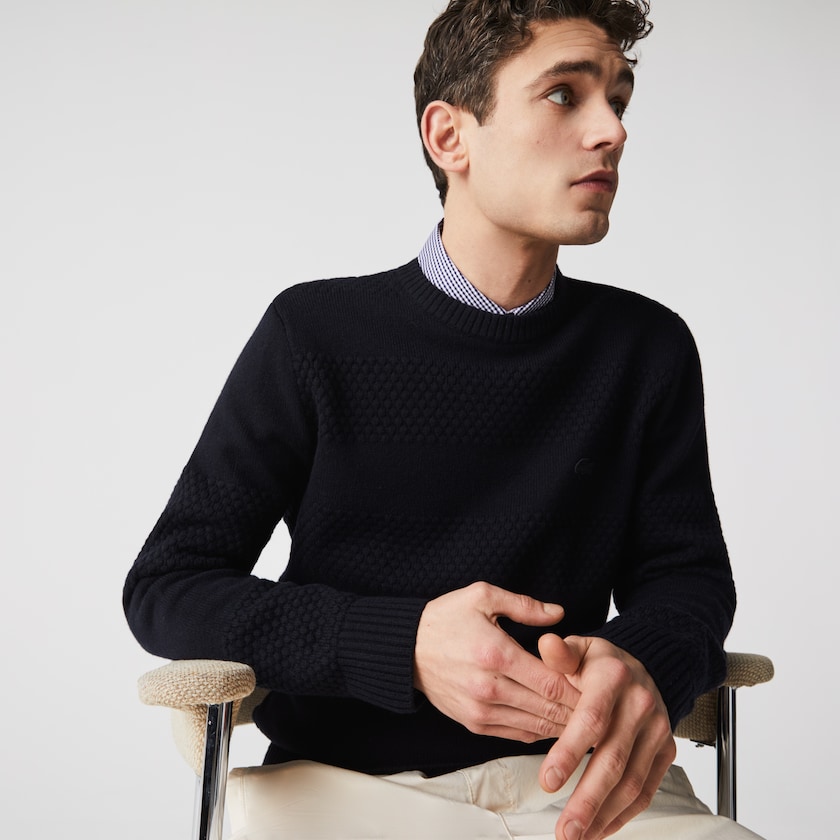 Suéteres Azul Marinho Azuis Masculino Lacoste Textured Striped Wool-Blend DJ7-10701Q3