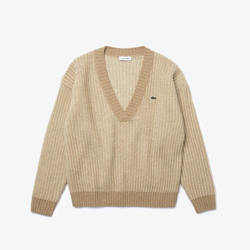 Suéteres Bege Feminino Lacoste Two-Tone Low V-Neck Ribbed Wool MG8-42364G7