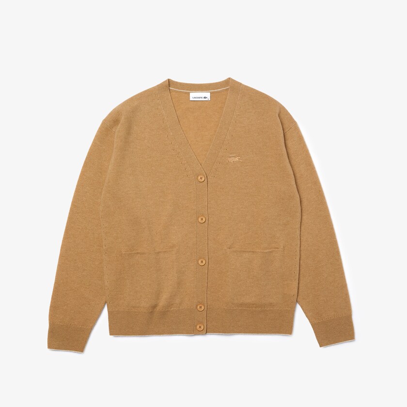 Suéteres Bege Feminino Lacoste V-Neck Buttoned Wool Cardigan YG8-50725O0