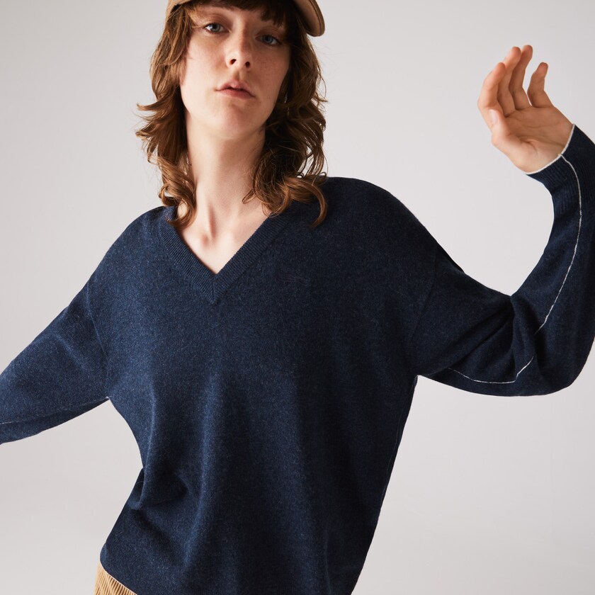 Suéteres Azuis Feminino Lacoste V-Neck Wool YD0-43674N9