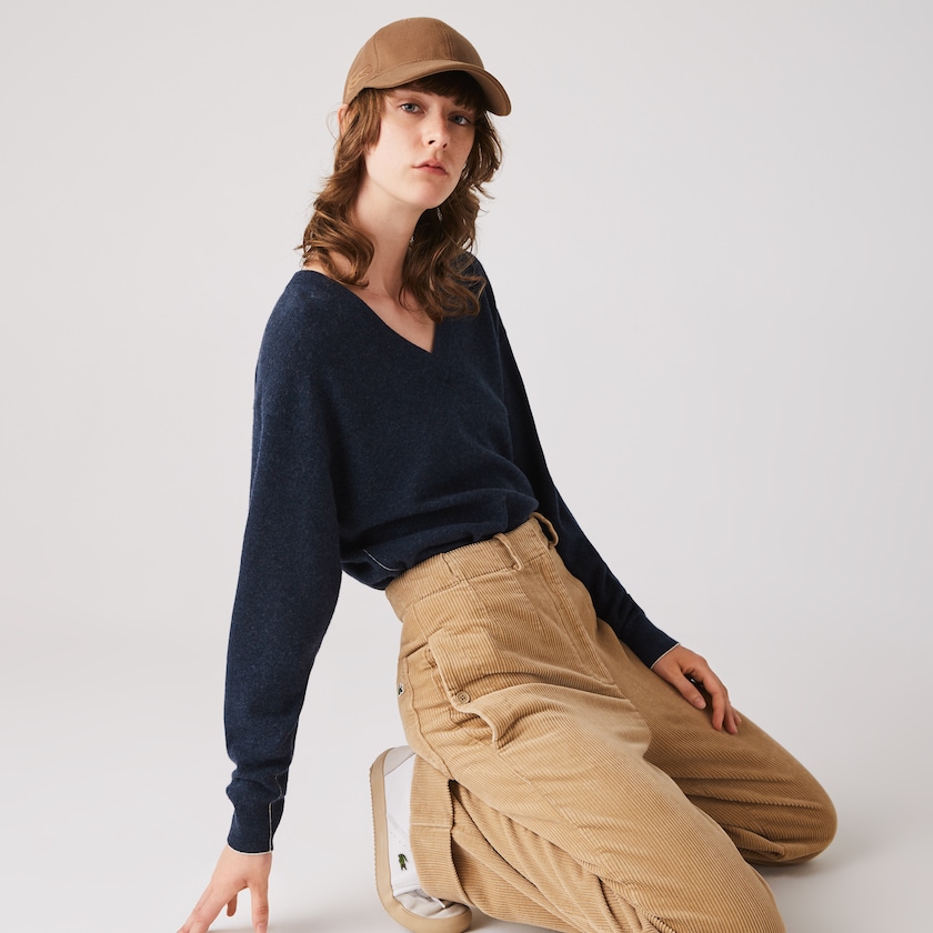 Suéteres Azuis Feminino Lacoste V-Neck Wool YD0-43674N9