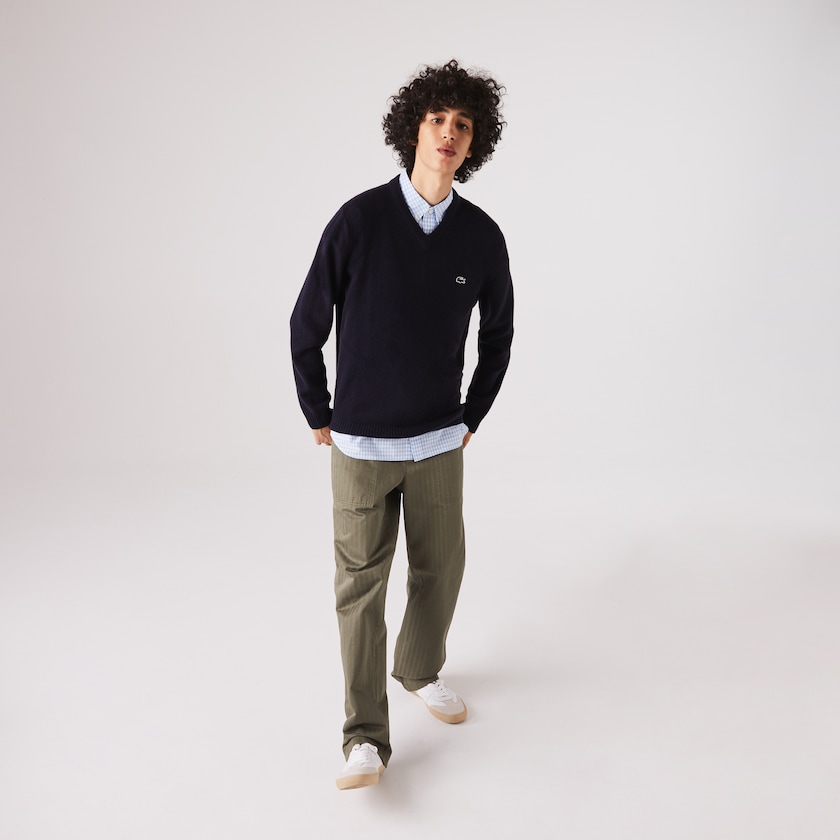 Suéteres Azul Marinho Azuis Masculino Lacoste V-Neck Wool NQ7-48994N2