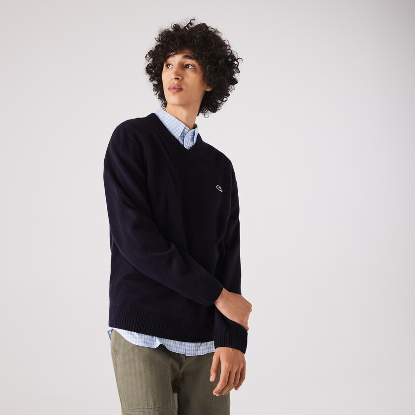 Suéteres Azul Marinho Azuis Masculino Lacoste V-Neck Wool NQ7-48994N2