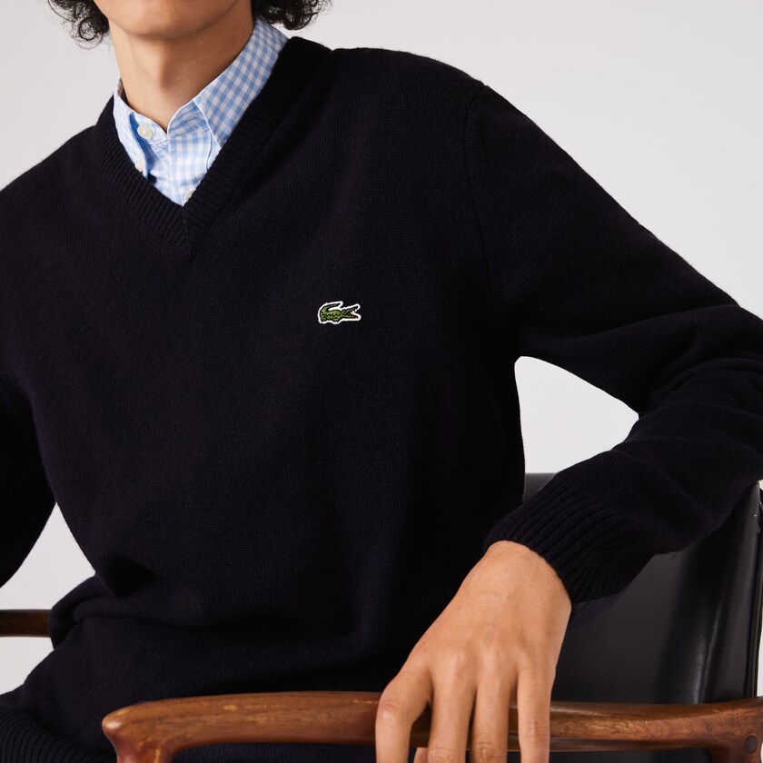 Suéteres Azul Marinho Azuis Masculino Lacoste V-Neck Wool NQ7-48994N2
