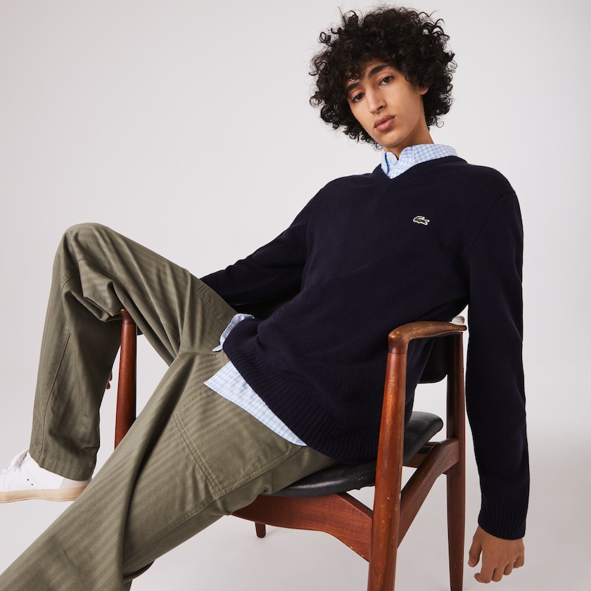 Suéteres Azul Marinho Azuis Masculino Lacoste V-Neck Wool NQ7-48994N2