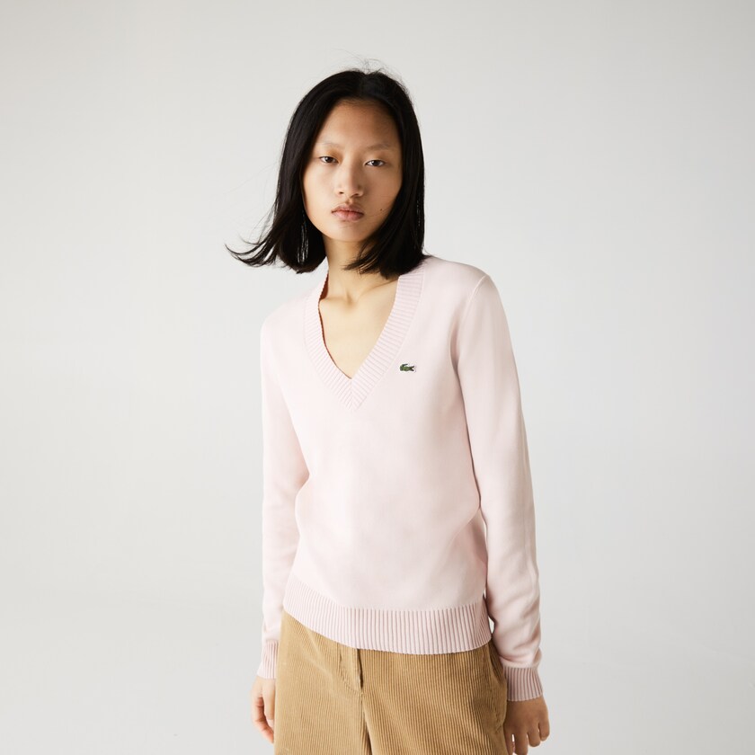 Suéteres Luz Rosa Branco Feminino Lacoste V-neck Organic Cotton HA9-98719A7