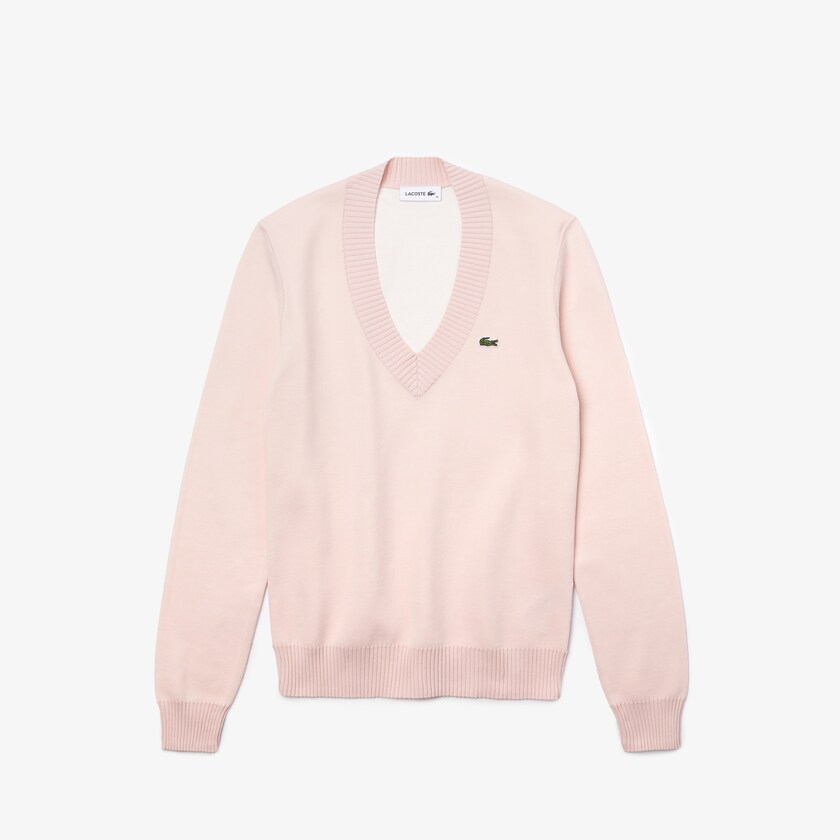 Suéteres Luz Rosa Branco Feminino Lacoste V-neck Organic Cotton HA9-98719A7