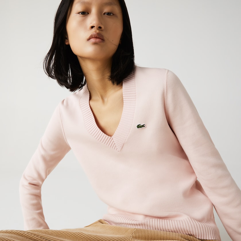 Suéteres Luz Rosa Branco Feminino Lacoste V-neck Organic Cotton HA9-98719A7