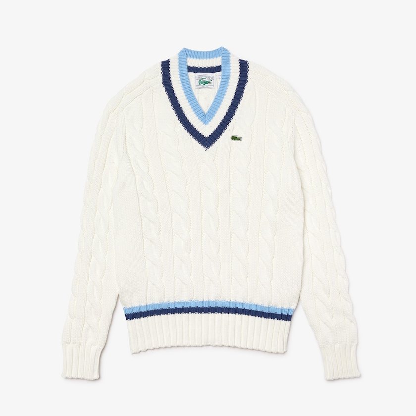 Suéteres Branco Azuis Masculino Lacoste V-neck Striped-Trim Cable-Knit QV5-60576W1
