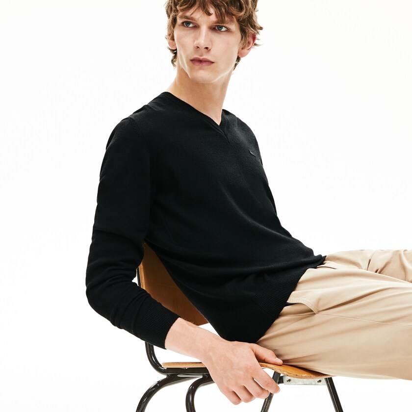 Suéteres Pretas Masculino Lacoste V-neck Wool Jersey EJ8-31833Q7