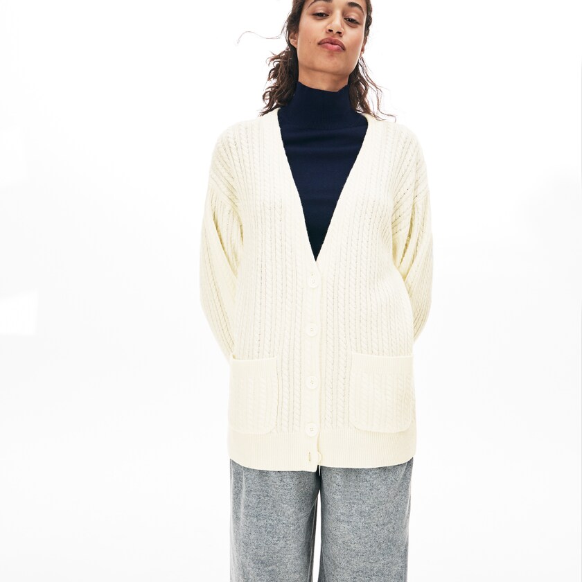 Suéteres Branco Feminino Lacoste Wool And Cashmere Blend Cable Knit Cardigan SR2-50605R7