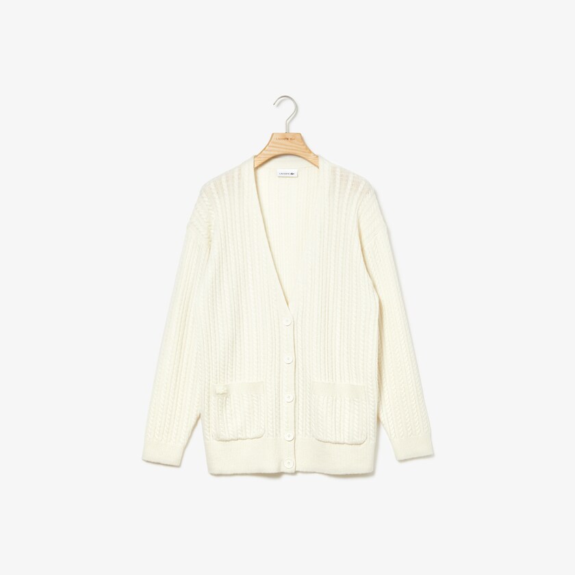 Suéteres Branco Feminino Lacoste Wool And Cashmere Blend Cable Knit Cardigan SR2-50605R7