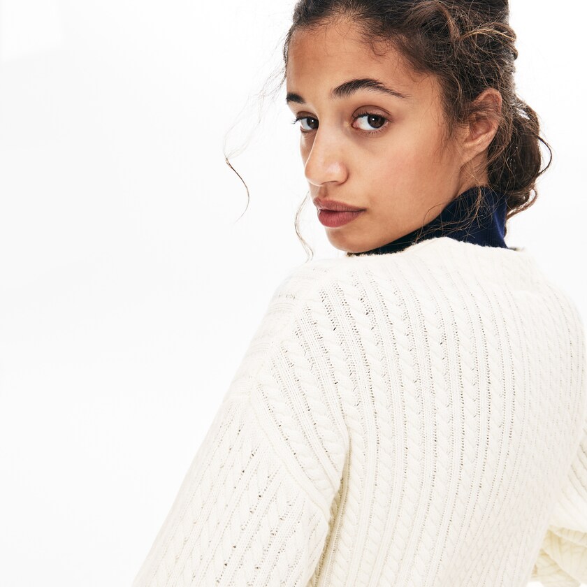 Suéteres Branco Feminino Lacoste Wool And Cashmere Blend Cable Knit Cardigan SR2-50605R7