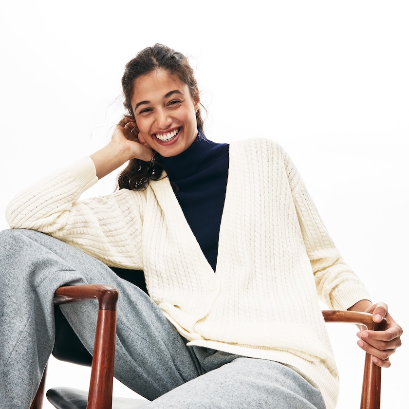 Suéteres Branco Feminino Lacoste Wool And Cashmere Blend Cable Knit Cardigan SR2-50605R7
