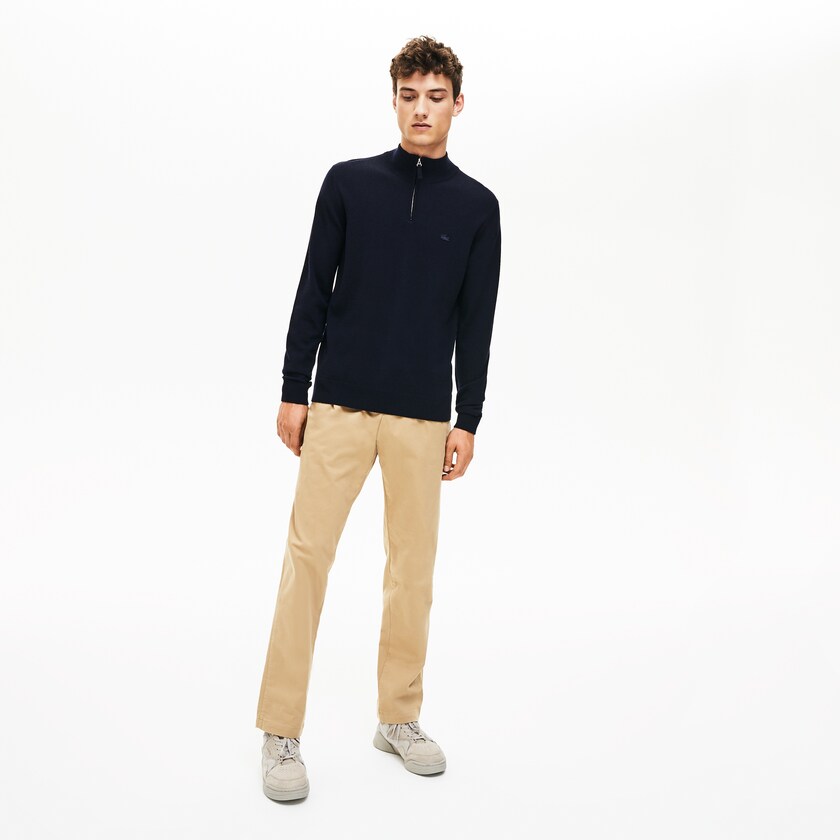 Suéteres Azul Marinho Azuis Masculino Lacoste Zippered Stand-Up Collar Wool Jersey MM8-20862B5