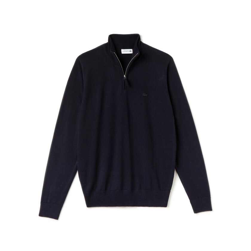 Suéteres Azul Marinho Azuis Masculino Lacoste Zippered Stand-Up Collar Wool Jersey MM8-20862B5