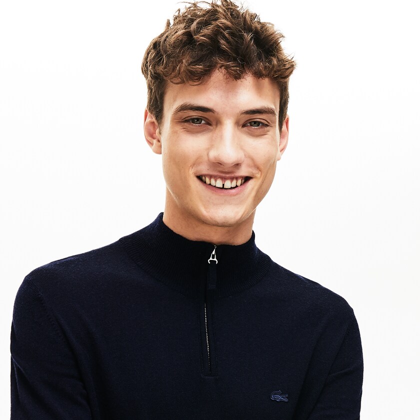 Suéteres Azul Marinho Azuis Masculino Lacoste Zippered Stand-Up Collar Wool Jersey MM8-20862B5