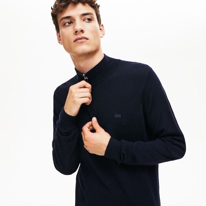 Suéteres Azul Marinho Azuis Masculino Lacoste Zippered Stand-Up Collar Wool Jersey MM8-20862B5