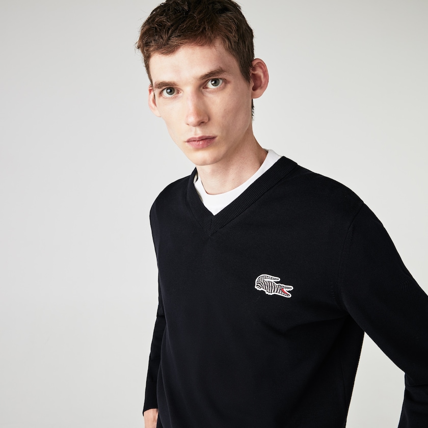 Suéteres Azul Marinho Azuis Branco Masculino Lacoste x National Geographic V-neck Cotton YH4-68916E4