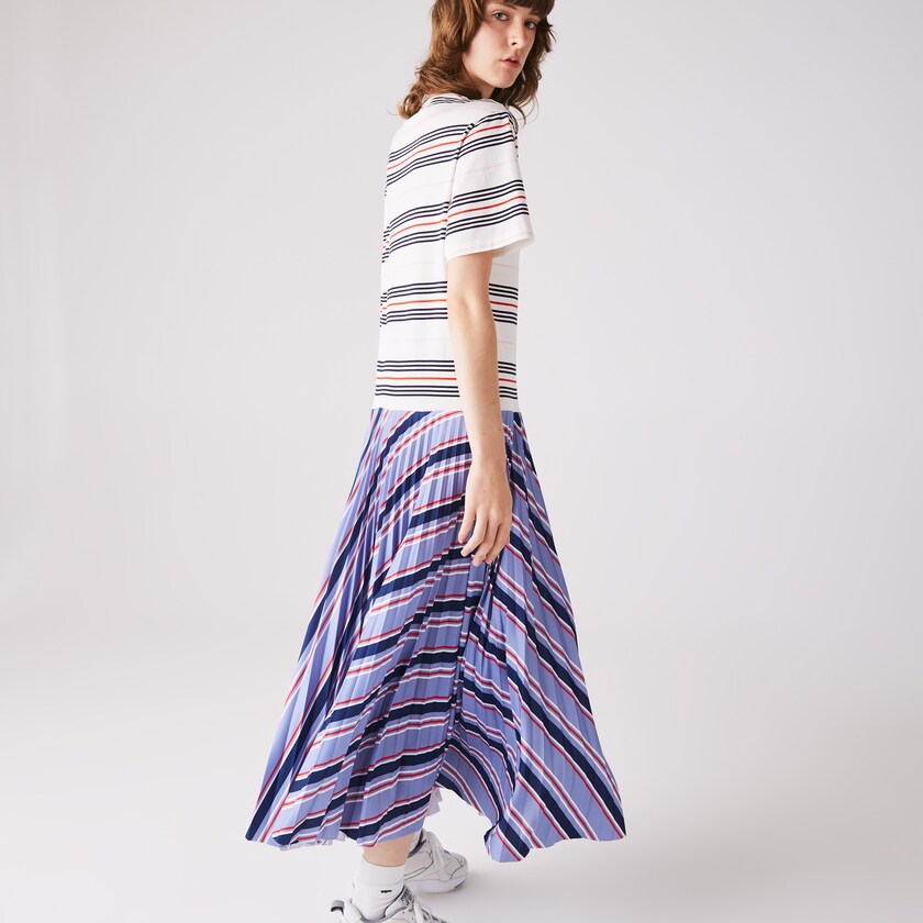Vestido Roxo Azul Marinho Azuis Branco Vermelhas Luz Rosa Feminino Lacoste Dissimilar Striped Pleated Jersey T-shirt QV1-94799O0