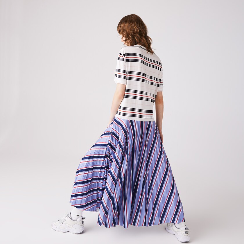 Vestido Roxo Azul Marinho Azuis Branco Vermelhas Luz Rosa Feminino Lacoste Dissimilar Striped Pleated Jersey T-shirt QV1-94799O0