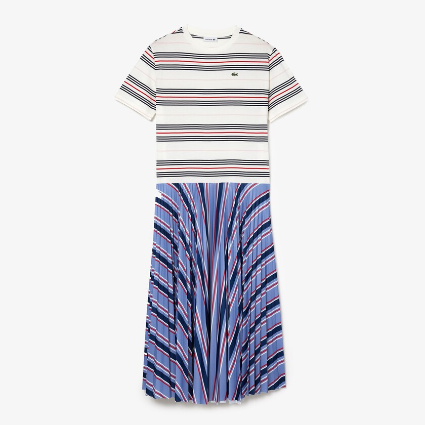 Vestido Roxo Azul Marinho Azuis Branco Vermelhas Luz Rosa Feminino Lacoste Dissimilar Striped Pleated Jersey T-shirt QV1-94799O0