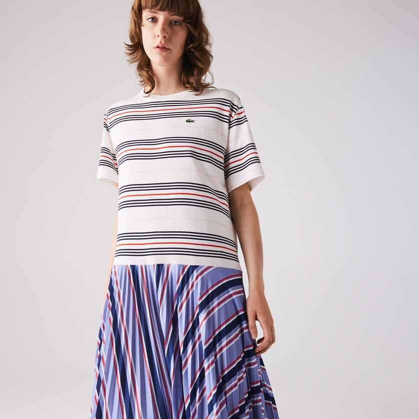 Vestido Roxo Azul Marinho Azuis Branco Vermelhas Luz Rosa Feminino Lacoste Dissimilar Striped Pleated Jersey T-shirt QV1-94799O0