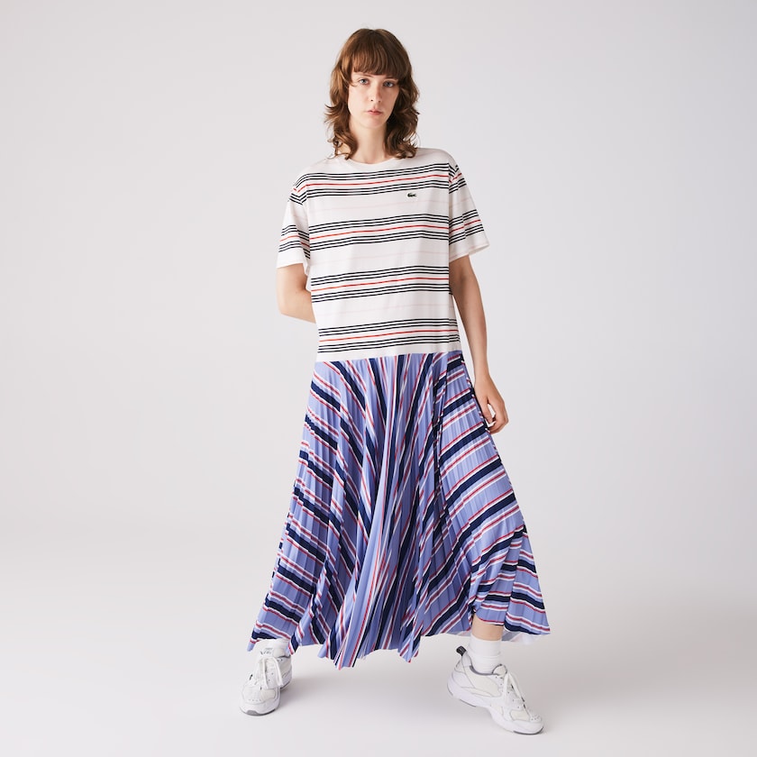 Vestido Roxo Azul Marinho Azuis Branco Vermelhas Luz Rosa Feminino Lacoste Dissimilar Striped Pleated Jersey T-shirt QV1-94799O0