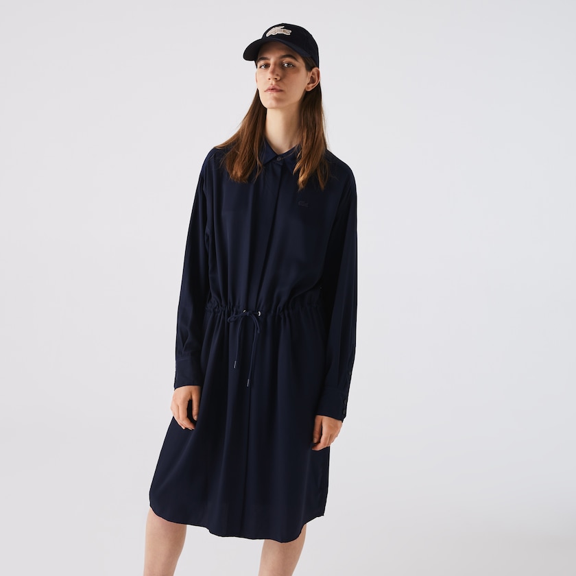 Vestido Azul Marinho Azuis Feminino Lacoste Fitted Crepe Shirt UE0-66546K5