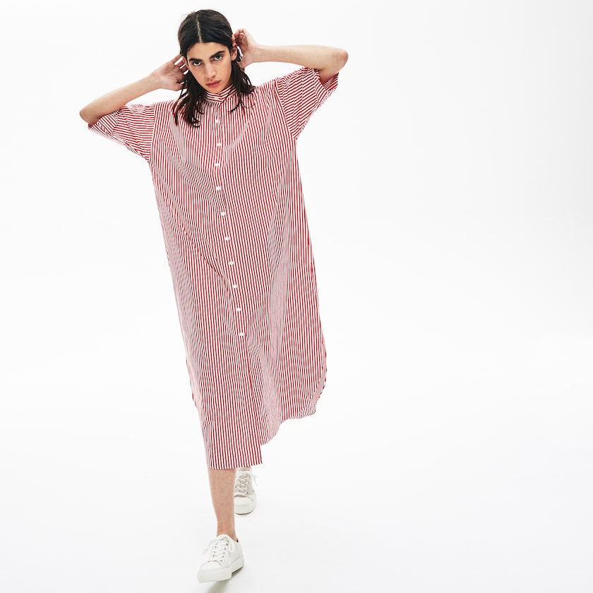 Vestido Branco Vermelhas Feminino Lacoste LIVE Striped Cotton Maxi ZG9-53015H2