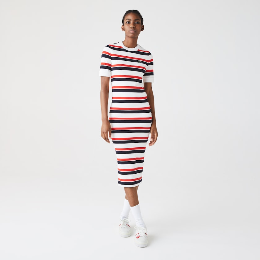 Vestido Branco Azul Marinho Azuis Vermelhas Feminino Lacoste LIVE Striped Cotton Ribbed T-Shirt KI6-85908F0