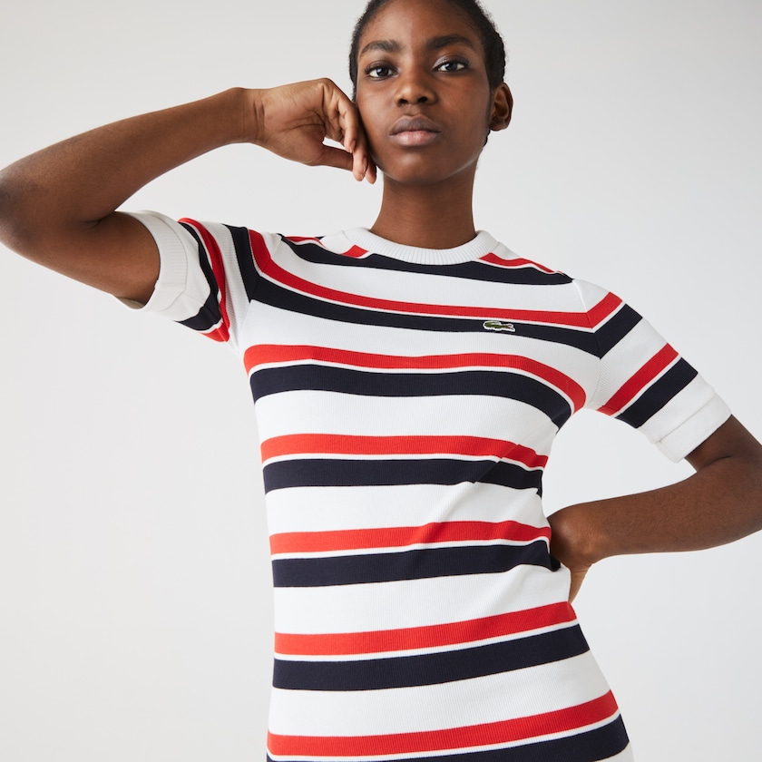 Vestido Branco Azul Marinho Azuis Vermelhas Feminino Lacoste LIVE Striped Cotton Ribbed T-Shirt KI6-85908F0