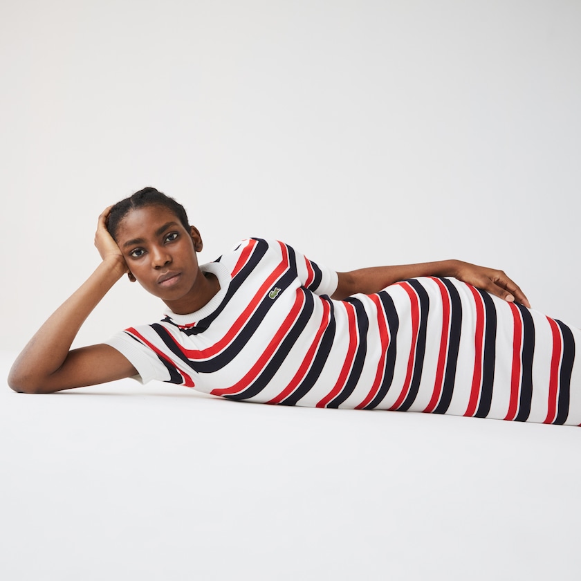 Vestido Branco Azul Marinho Azuis Vermelhas Feminino Lacoste LIVE Striped Cotton Ribbed T-Shirt KI6-85908F0