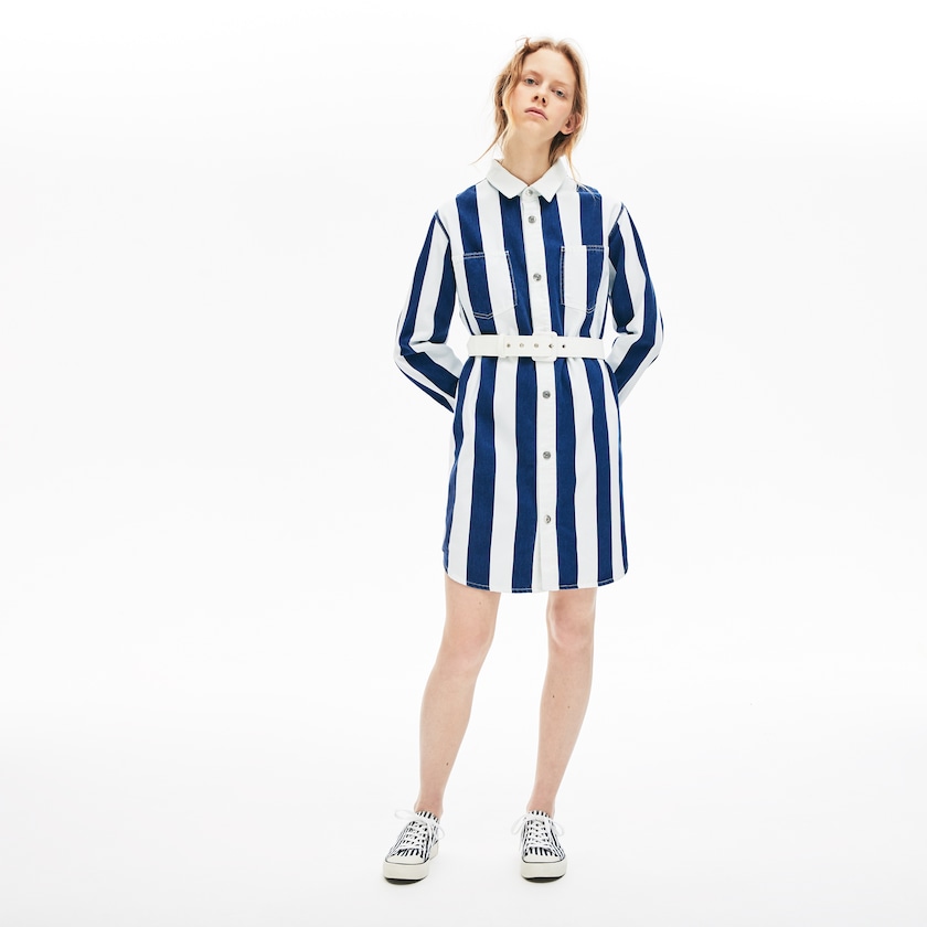 Vestido Branco Azul Marinho Azuis Feminino Lacoste LIVE Striped Cotton Shirtdress TZ0-85348Z6