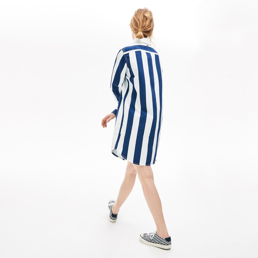 Vestido Branco Azul Marinho Azuis Feminino Lacoste LIVE Striped Cotton Shirtdress TZ0-85348Z6