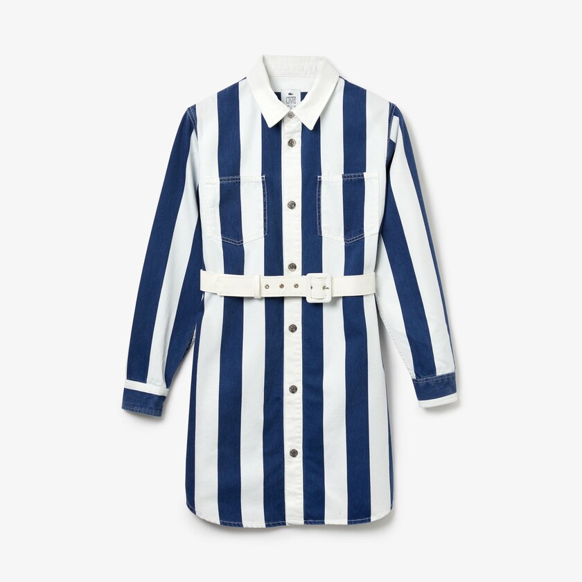 Vestido Branco Azul Marinho Azuis Feminino Lacoste LIVE Striped Cotton Shirtdress TZ0-85348Z6
