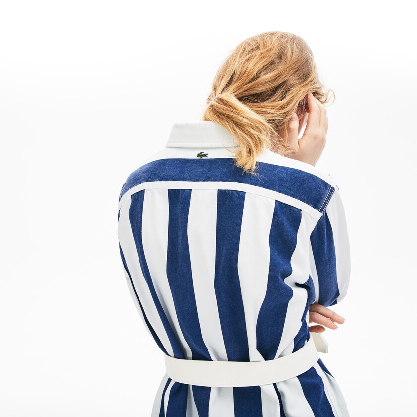 Vestido Branco Azul Marinho Azuis Feminino Lacoste LIVE Striped Cotton Shirtdress TZ0-85348Z6