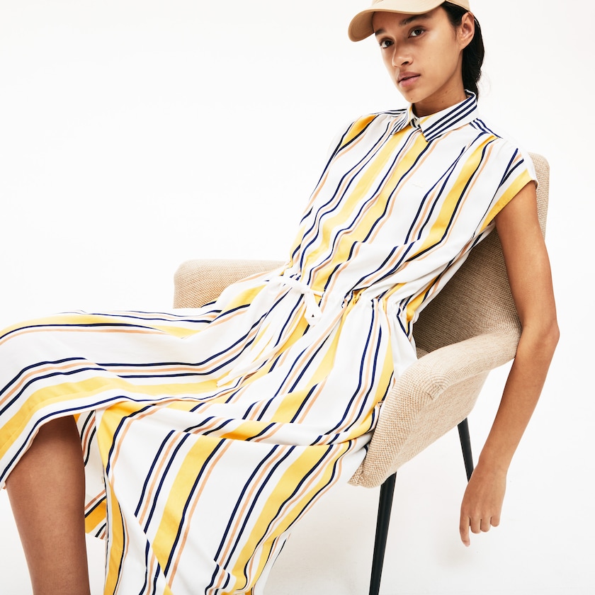 Vestido Branco Azul Marinho Azuis Amarelas Luz Marrom Feminino Lacoste Long Striped Shirtdress ZI0-38863O4