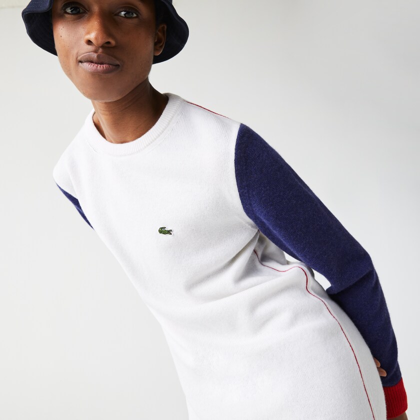 Vestido Branco Azuis Vermelhas Feminino Lacoste Made In France Tricolour Wool Sweater LD8-09330Y2