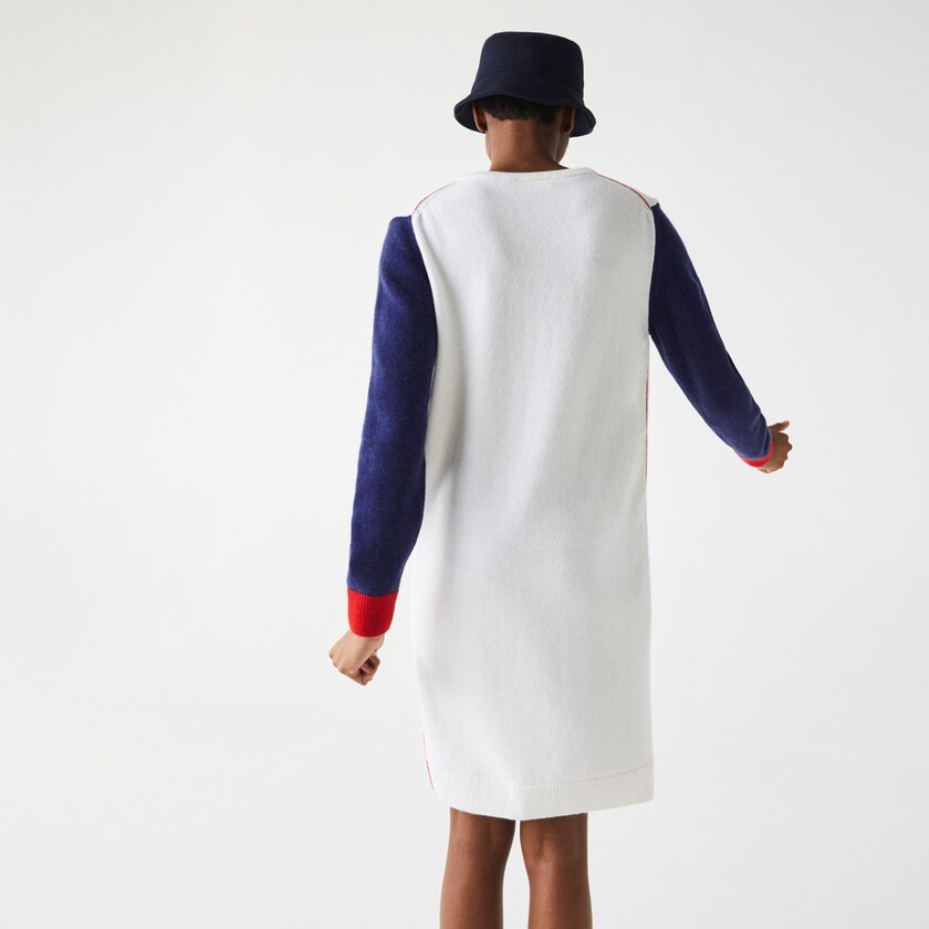 Vestido Branco Azuis Vermelhas Feminino Lacoste Made In France Tricolour Wool Sweater LD8-09330Y2