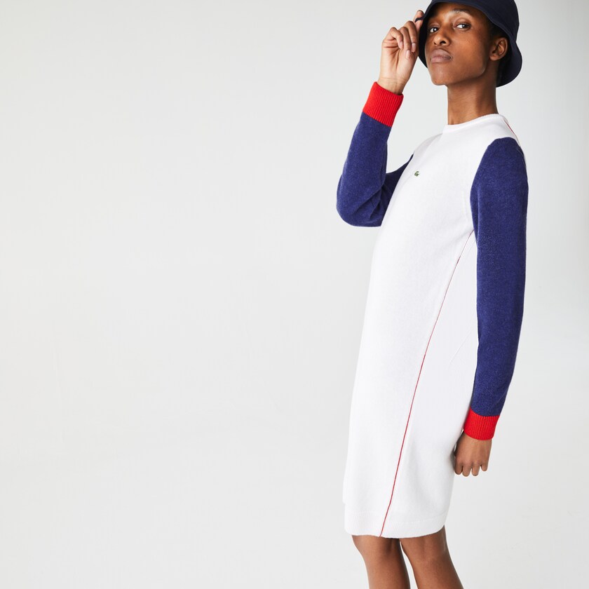 Vestido Branco Azuis Vermelhas Feminino Lacoste Made In France Tricolour Wool Sweater LD8-09330Y2