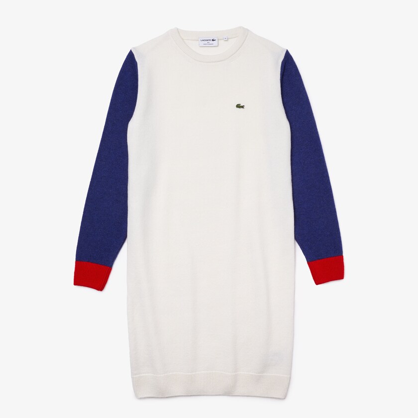 Vestido Branco Azuis Vermelhas Feminino Lacoste Made In France Tricolour Wool Sweater LD8-09330Y2