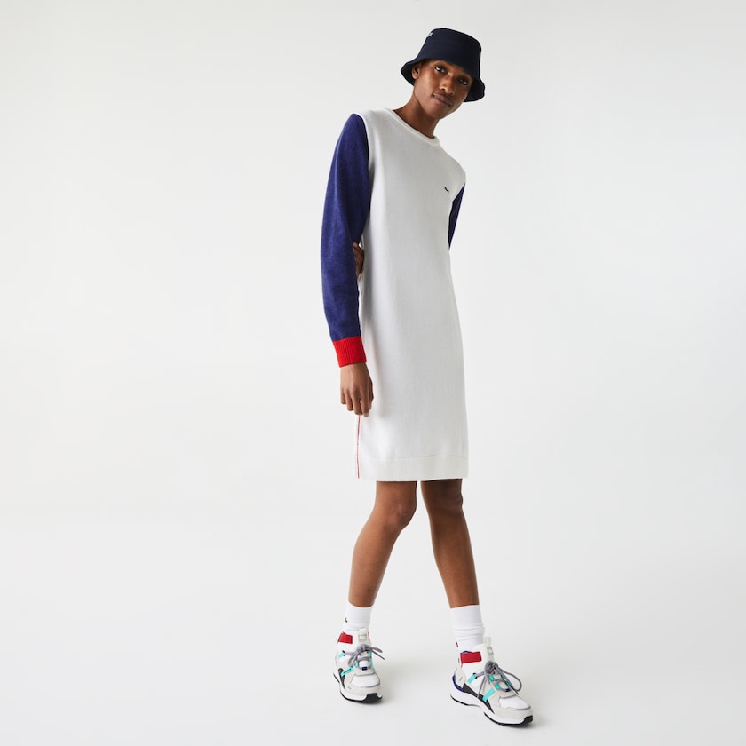 Vestido Branco Azuis Vermelhas Feminino Lacoste Made In France Tricolour Wool Sweater LD8-09330Y2